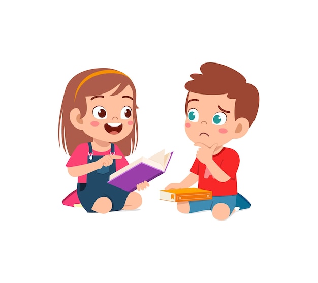 Vector little boy and girl read book together