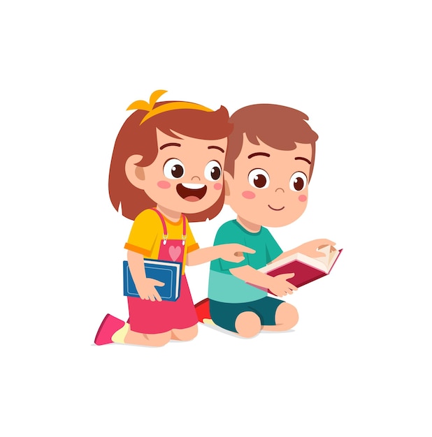 Little boy and girl read book together