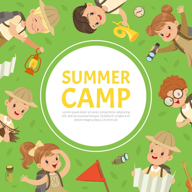 little boy and girl scout at summer camp with backpack and map and round text shape vector template