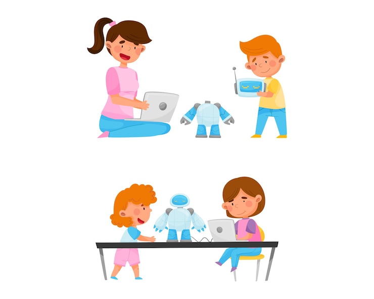 Vector little boy and girl at table engineering and configurating robot with laptop vector set