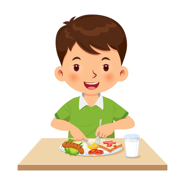 Vector little boy happy to eating breakfast vector illustration