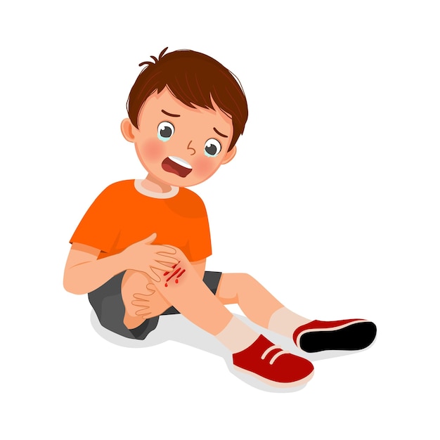 Вектор У маленького мальчика травма колена, плачет, держась за царапину, кровоточащую ногу с синяками после падения
