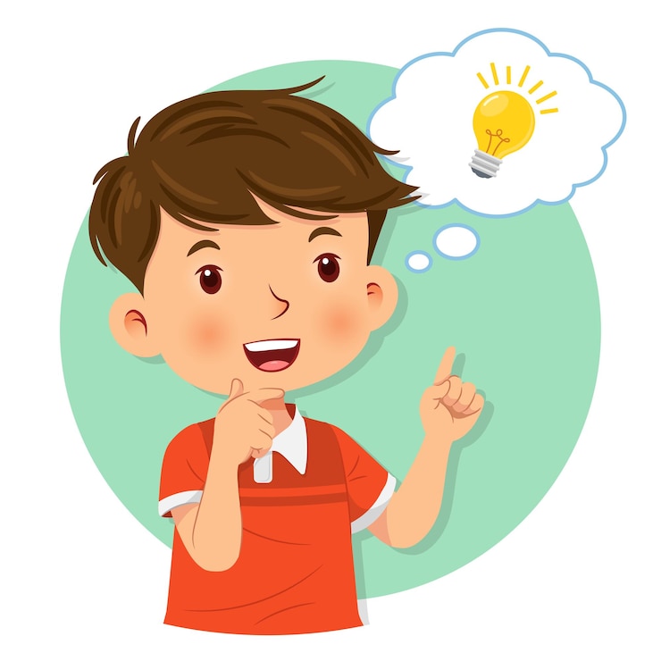 Vector little boy having good idea a bubble with idea lamp sign vector illustration