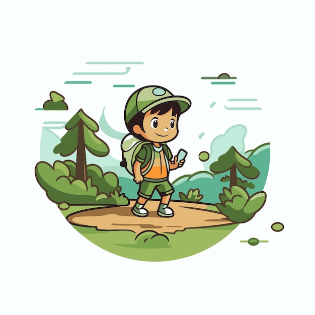 Vector little boy hiking in the forest vector flat cartoon illustration isolated on white background