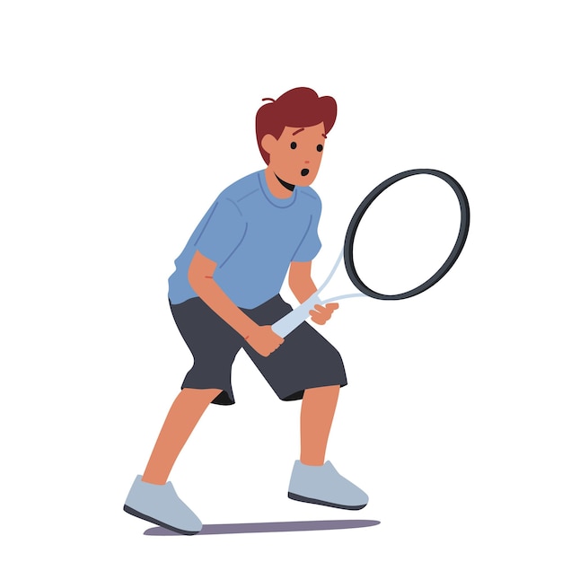 Ragazzino tenere racchetta giocare a tennis kid carattere allenamento sportivo bambino felice allenamento praticare uno stile di vita sano