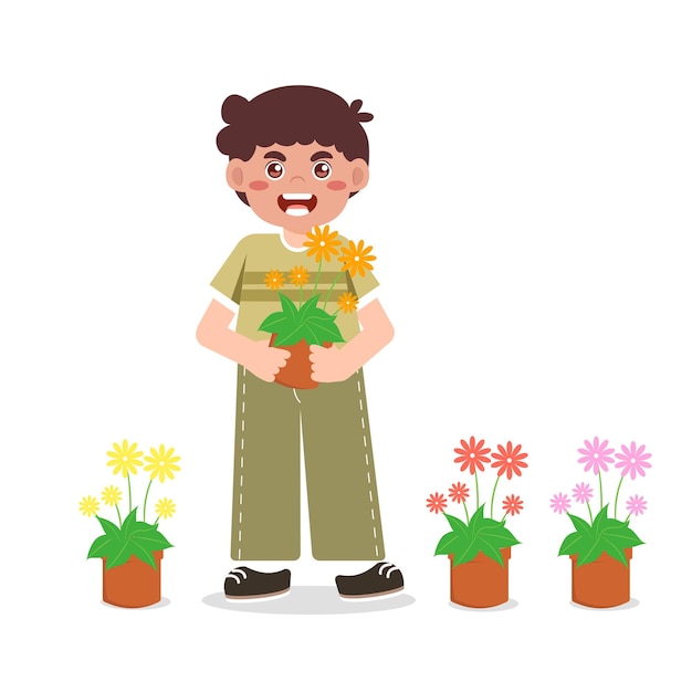 庭で育つ花瓶を持った小さな男の子