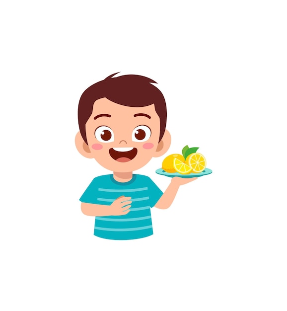 Little boy holding fresh lemon fruit from farm