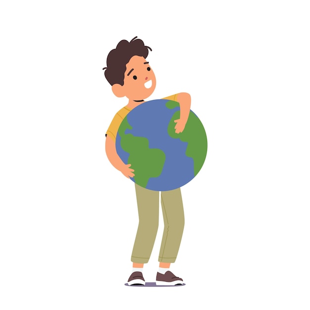 Маленький мальчик держит и обнимает планету Земля. Детский персонаж обнимает сферу с континентами и океанами. Любовь, забота о природе