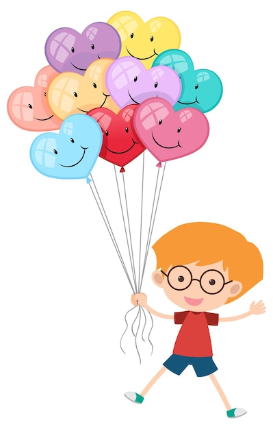 Vector little boy holding many heart balloons