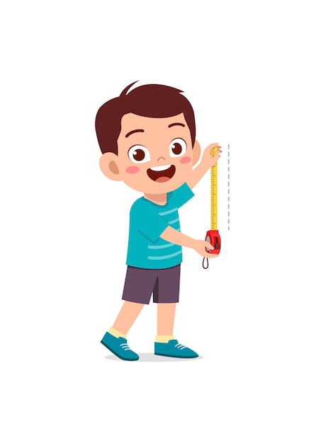 Little boy holding measure tape and check length