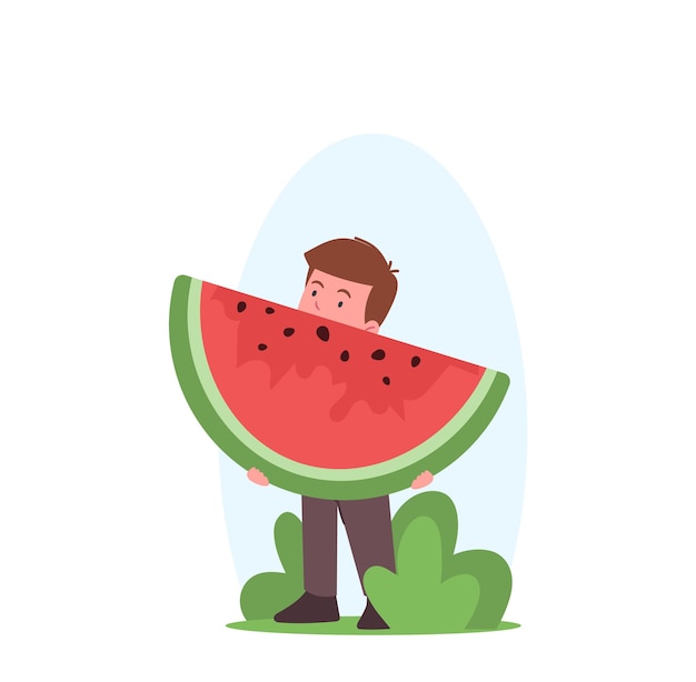 Little Boy Holding Piece of Watermelon, Child Character Eating Summer Fruits, Healthy Nutrition, Baby Enjoying Snack