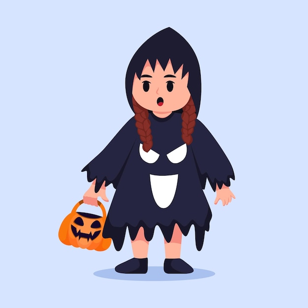 コスチューム ハロウィン キャラクター イラストとカボチャを保持している小さな男の子