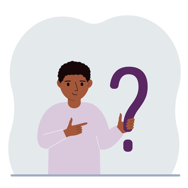 Little boy holding a question mark symbol Ask questions and look for answers FAQ or frequently asked questions concept online support center