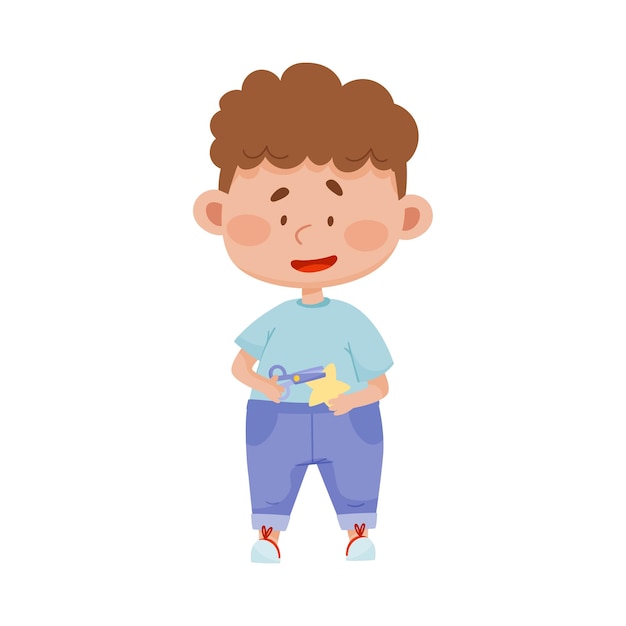 Little boy holding scissors cutting out star vector illustration