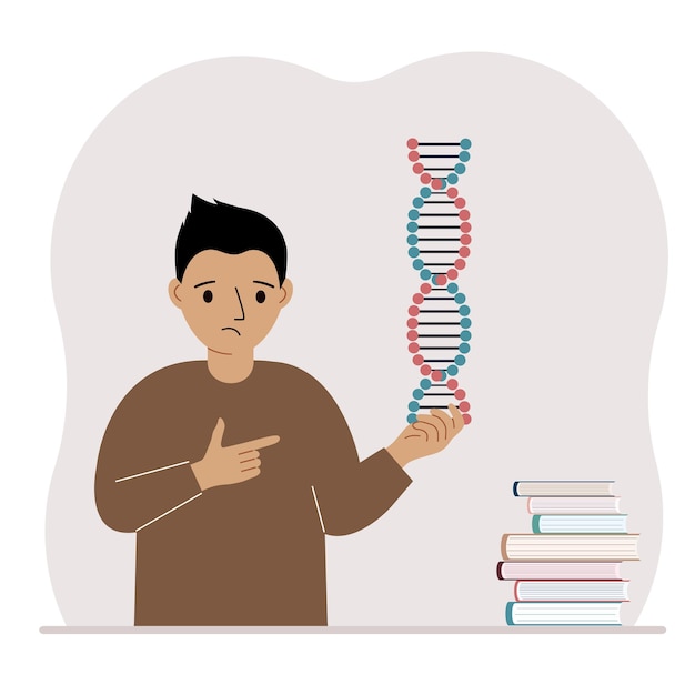 小さな男の子が DNA モデルを手に持っており、近くにはたくさんの本があります