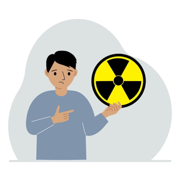 小さな男の子が核の危険性について警告する看板を持っている核戦争の放射線バイオハザードの概念