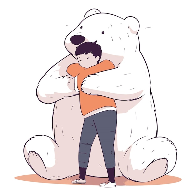 Вектор Маленький мальчик обнимает большого белого медведя в стиле мультфильма