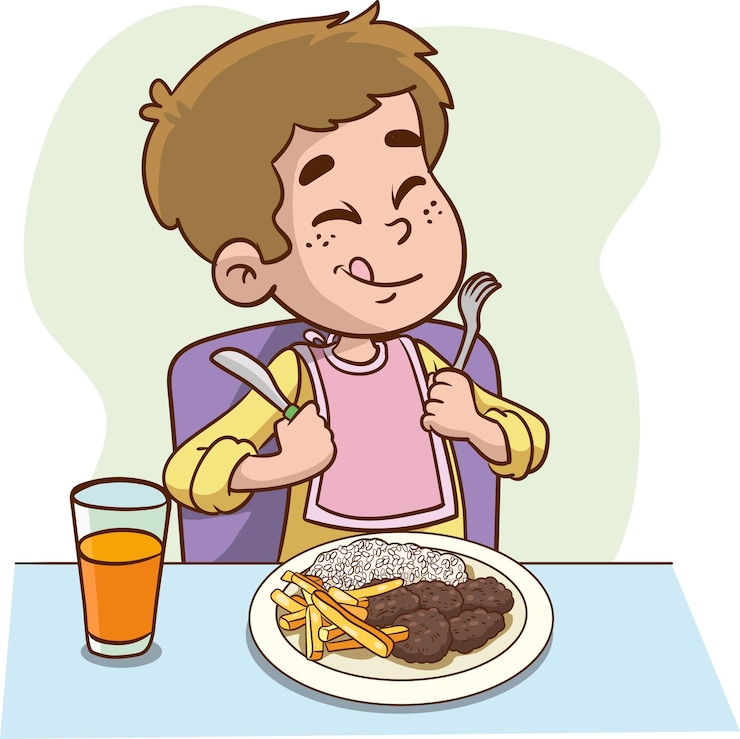 Vector ベクターイラストを食べることに満足した空腹の小さな男の子