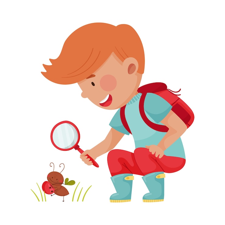 Vector little boy hunkering down with magnifying glass exploring ant crawling on the ground vector