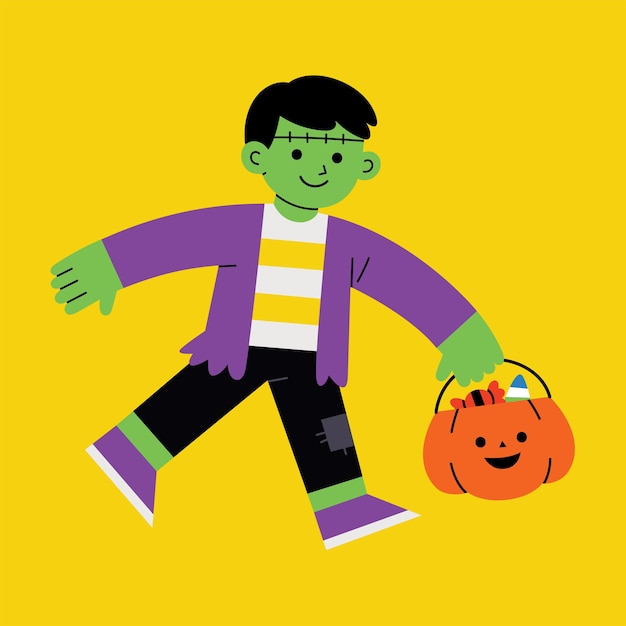Вектор Маленький мальчик в костюме зомби-монстра с тыквенной корзиной для кошелек или жизнь на белом фоне. счастливый хэллоуин концепции.