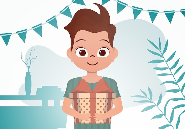 A little boy is holding a big beautiful box with a bow in his hands Birthday Cartoon style