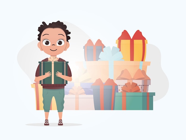 Vector a little boy is holding a box with a bow in his hands christmas cartoon style