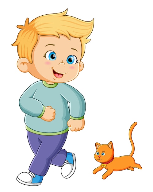 어린 소년은 작은 주황색 고양이와 함께 달리고 있습니다.