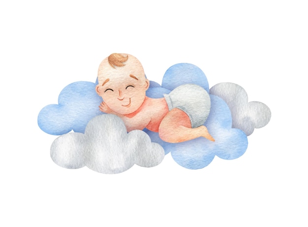 Маленький мальчик спит на облаках акварельная иллюстрация новорожденного детский клипарт в синем цвете
