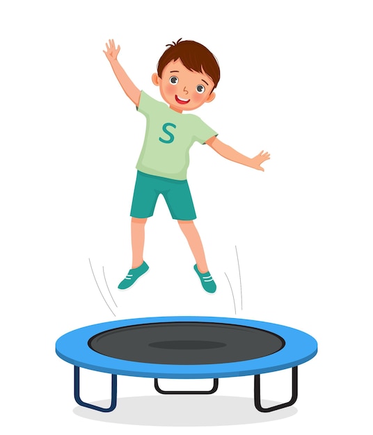 Vector little boy jumping on a trampoline having fun playing outdoor sport activity