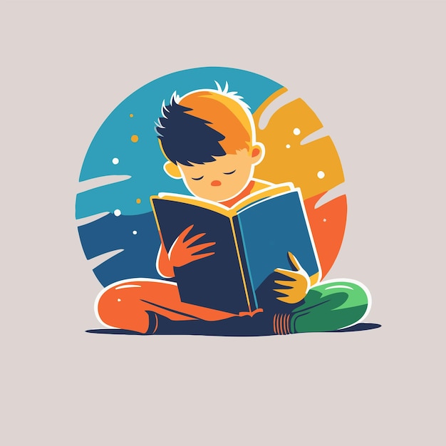 Vector little boy kid reading book logo icon in flat vector design