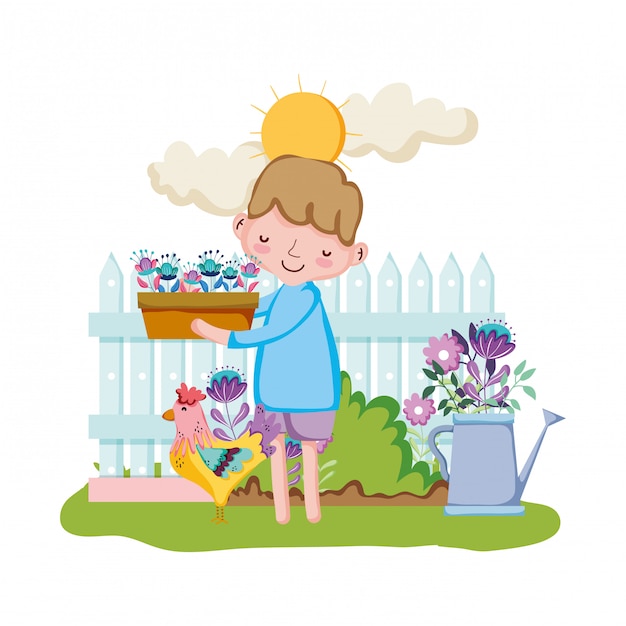 Vector little boy lifting houseplant with fence and rooster