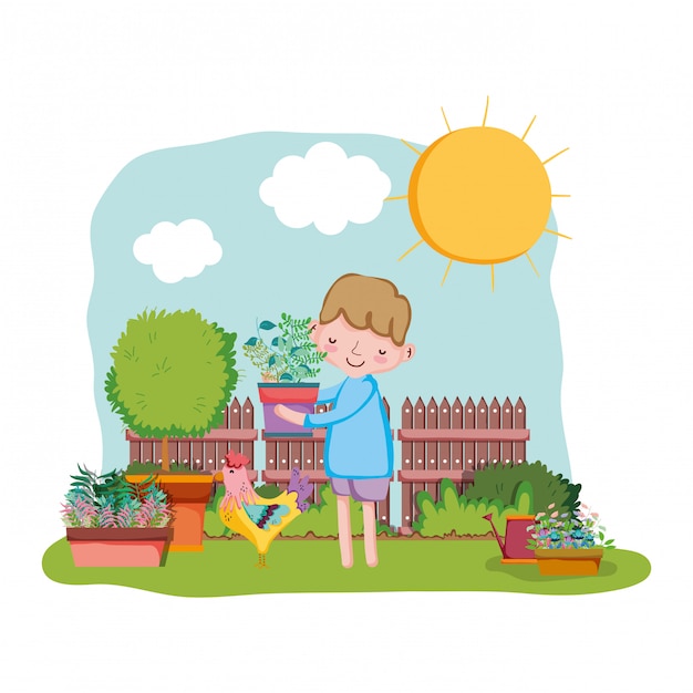 Little boy lifting houseplant with fence and rooster