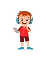 Vector little boy listening music from the smartphone