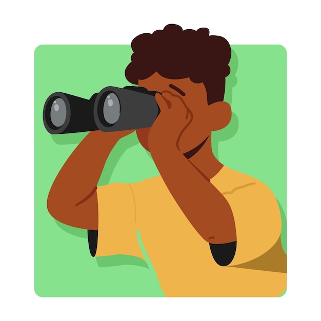 Vector little boy look in binoculars kid peeking out of green square frame child look from the hole preteen character