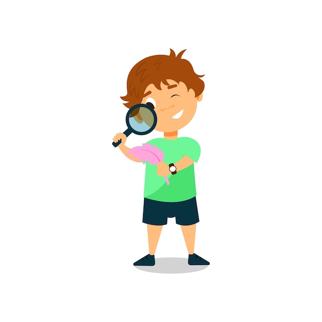 Vector little boy looking through magnifying glass vector illustration isolated on a white background