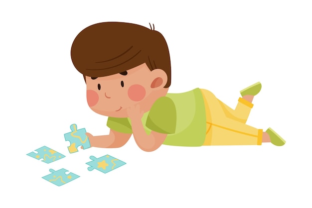 Vector little boy lying and putting together jigsaw puzzle vector illustration