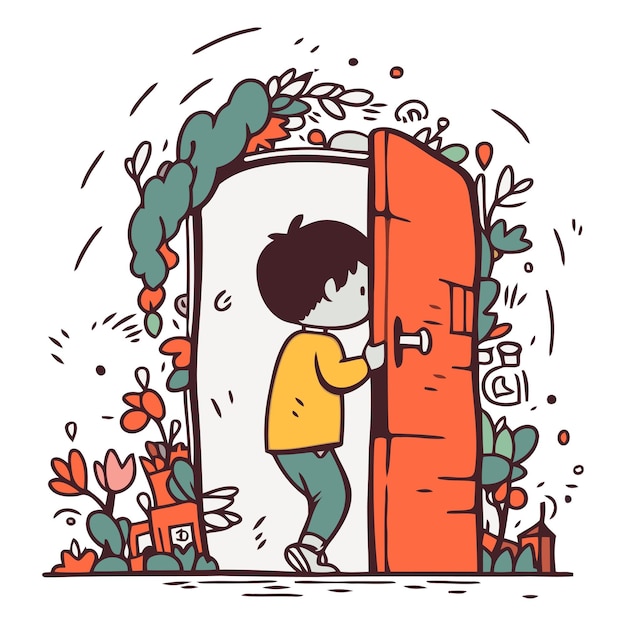 Little boy opening the door in the garden Vector hand drawn illustration