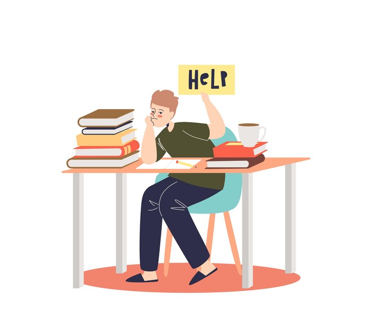 Vector little boy overwhelmed with homework sitting sad at school desk with books and textbooks. depressed pupil tired of learning. cartoon flat illustration