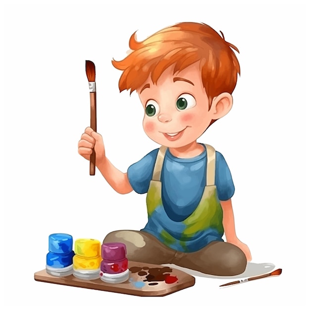 Vector little boy painting watercolor paint