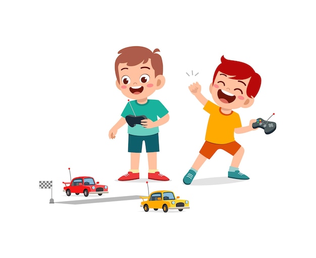 Vector little boy play with remote control toy car with friend