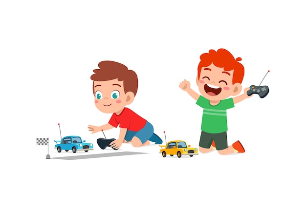 小さな男の子は友達とリモコンのおもちゃの車で遊ぶ