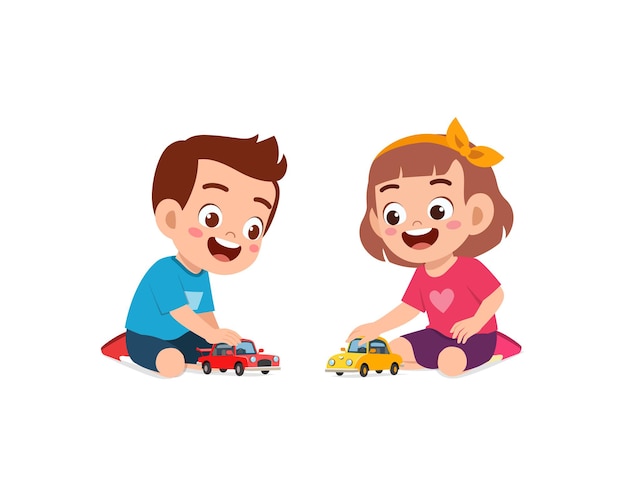 Little boy play with small toy car with friend