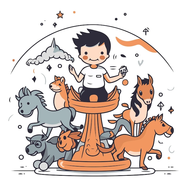 Vector little boy playing on a horsecarousel