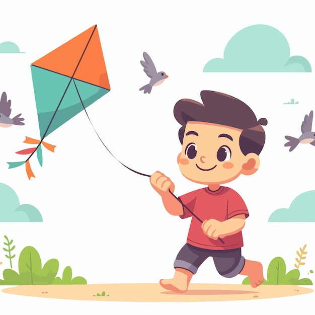 Vector little boy playing kite inthe garden