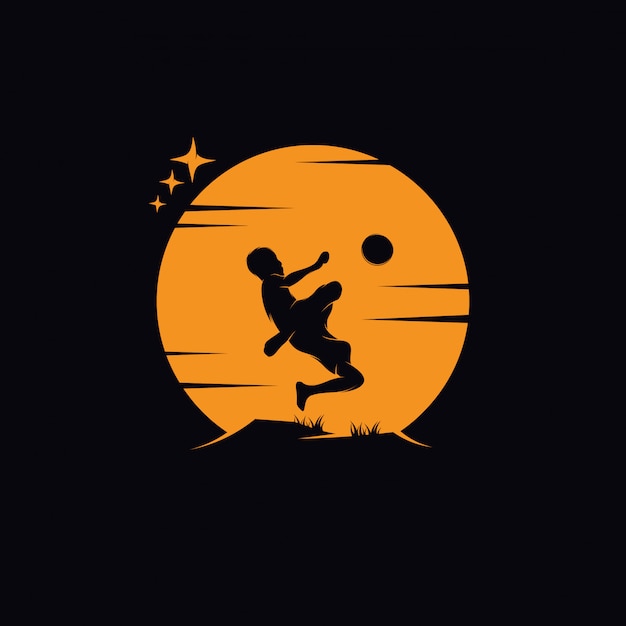 A little boy playing soccer on the moon