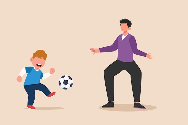 Little boy playing soccer with his father Family time concept Colored flat graphic vector illustration isolated