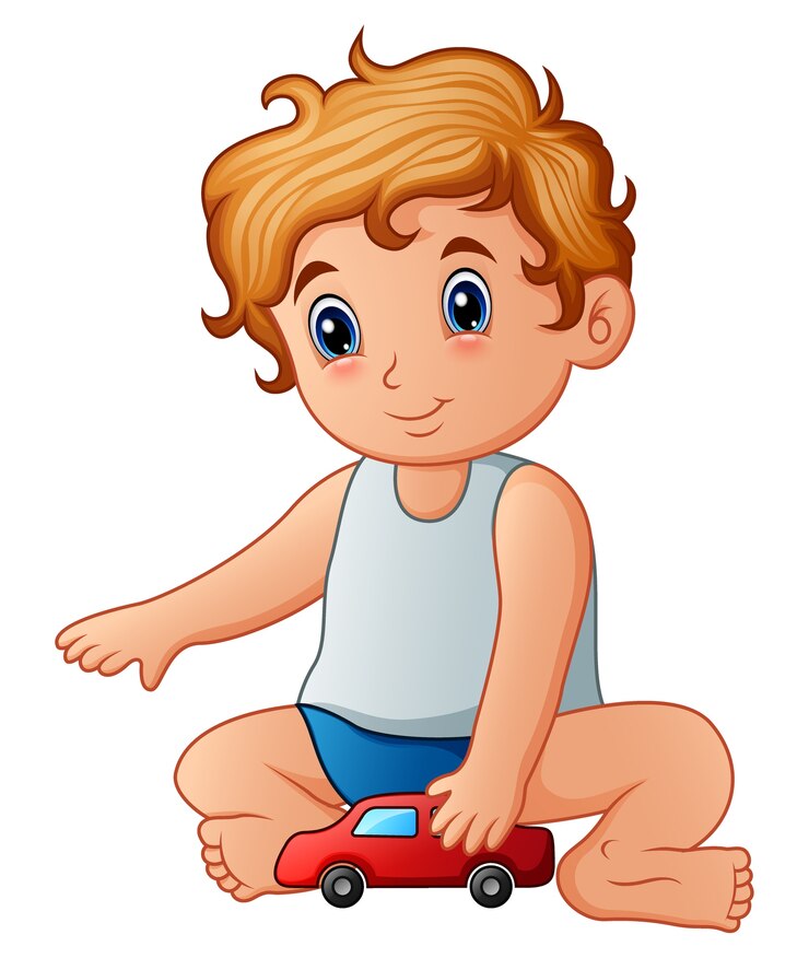 Вектор маленький мальчик играет игрушечный автомобиль