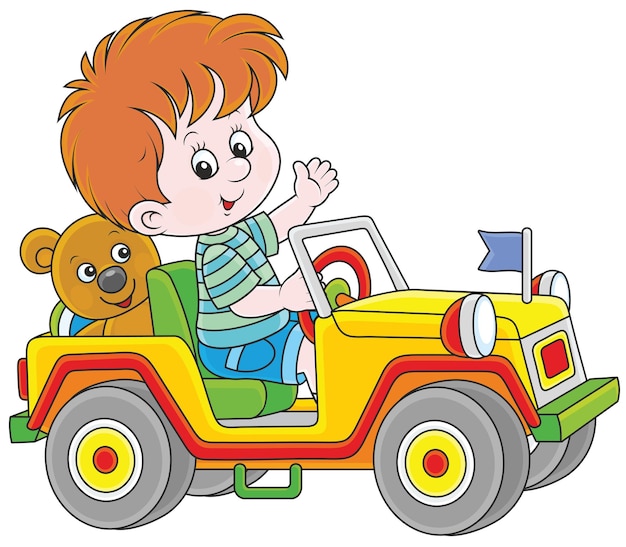 Little boy playing in a toy off road car with a funny small teddy bear