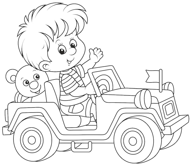 Little boy playing in a toy off road car with a funny small teddy bear