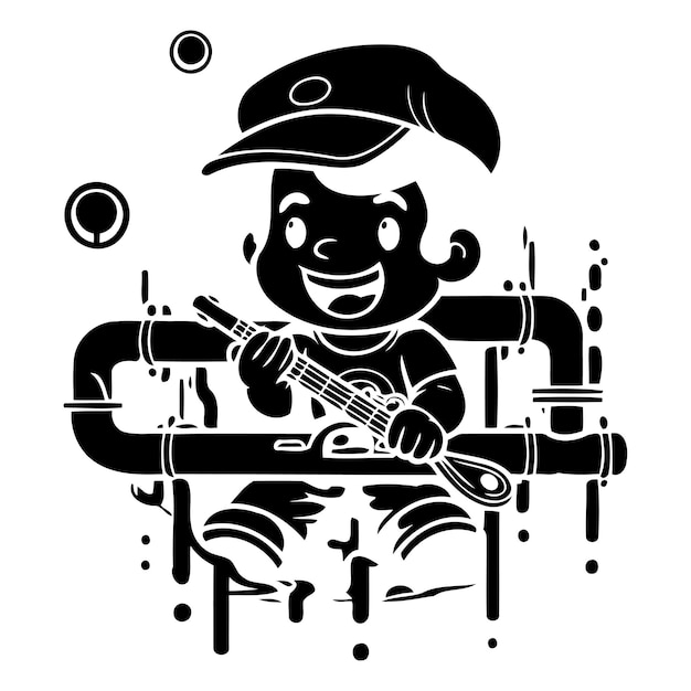 Vector little boy playing the ukulele on a pipe vector illustration